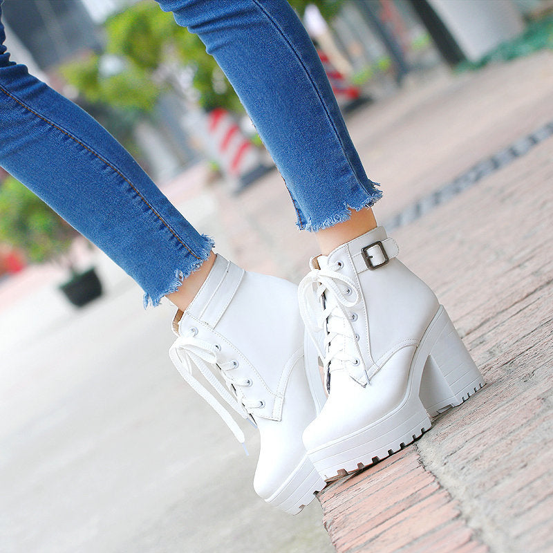 shoes New Korean Style Single-Layer Boots Women's Shoes Autumn and Winter Short Boots Martin Boots Lace-up High Heel Chunky Heel Women's Boots White