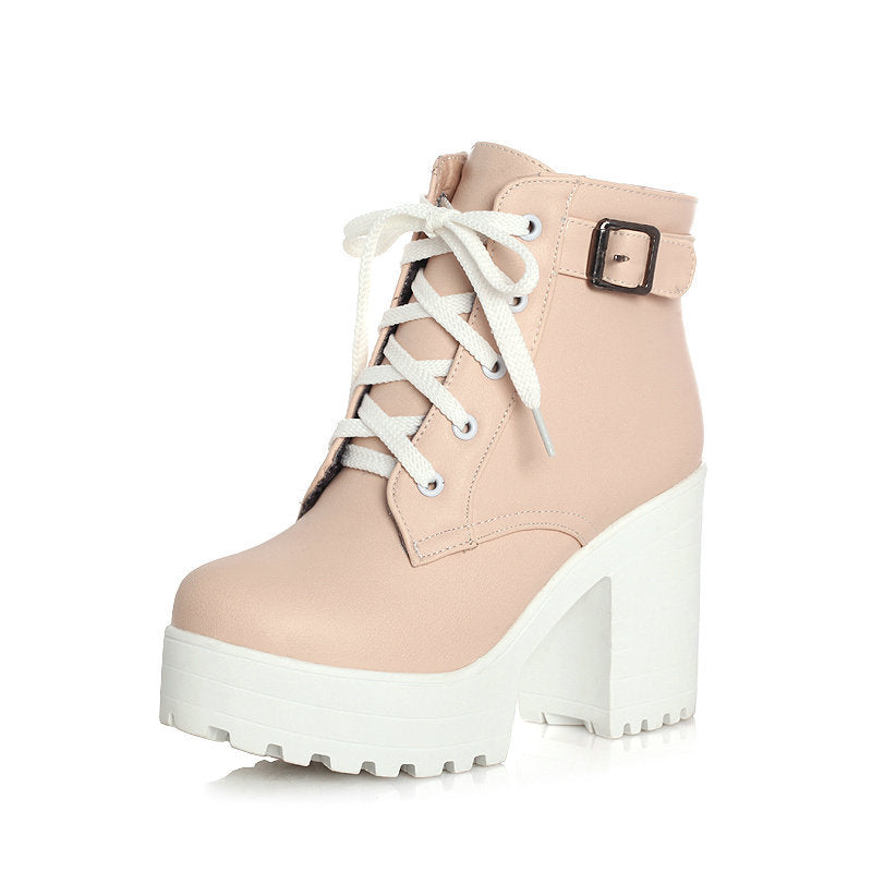 shoes New Korean Style Single-Layer Boots Women's Shoes Autumn and Winter Short Boots Martin Boots Lace-up High Heel Chunky Heel Women's Boots White