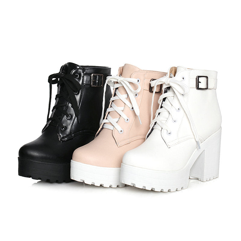 shoes New Korean Style Single-Layer Boots Women's Shoes Autumn and Winter Short Boots Martin Boots Lace-up High Heel Chunky Heel Women's Boots White