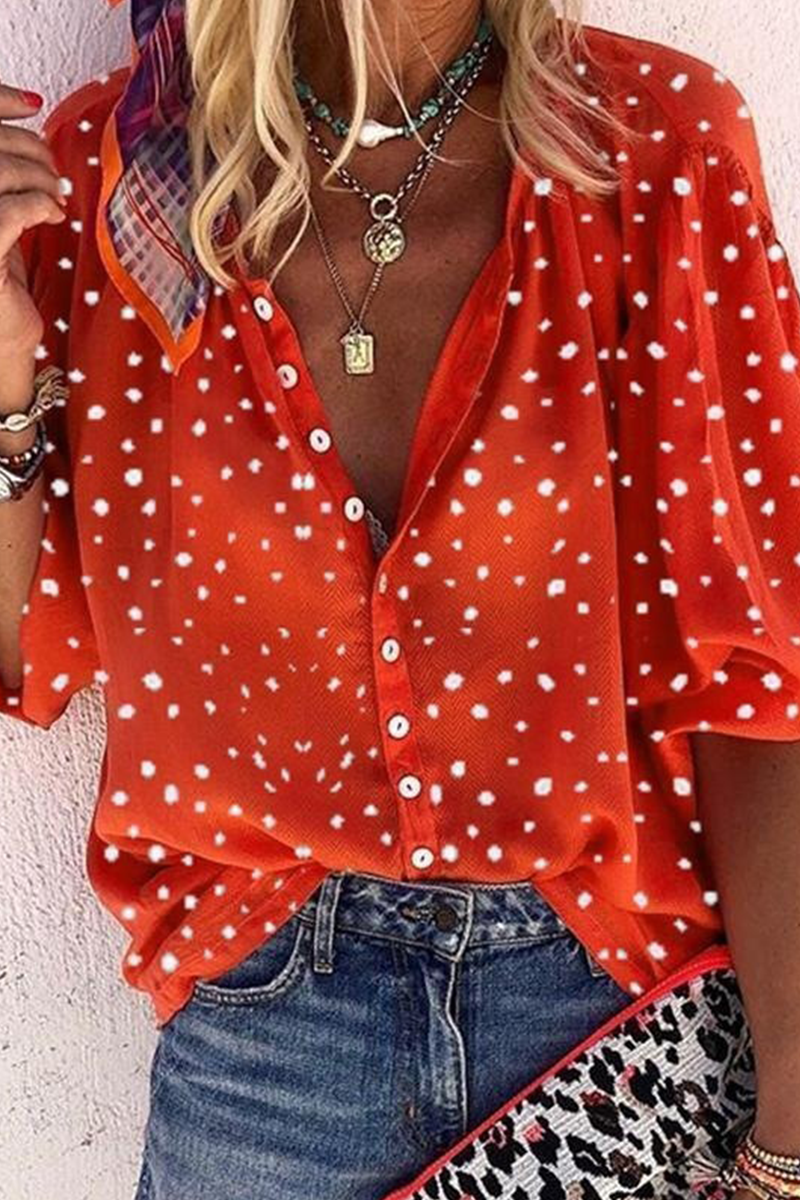 Casual Print Patchwork Turndown Collar Mid Waist Blouses(4 Colors)