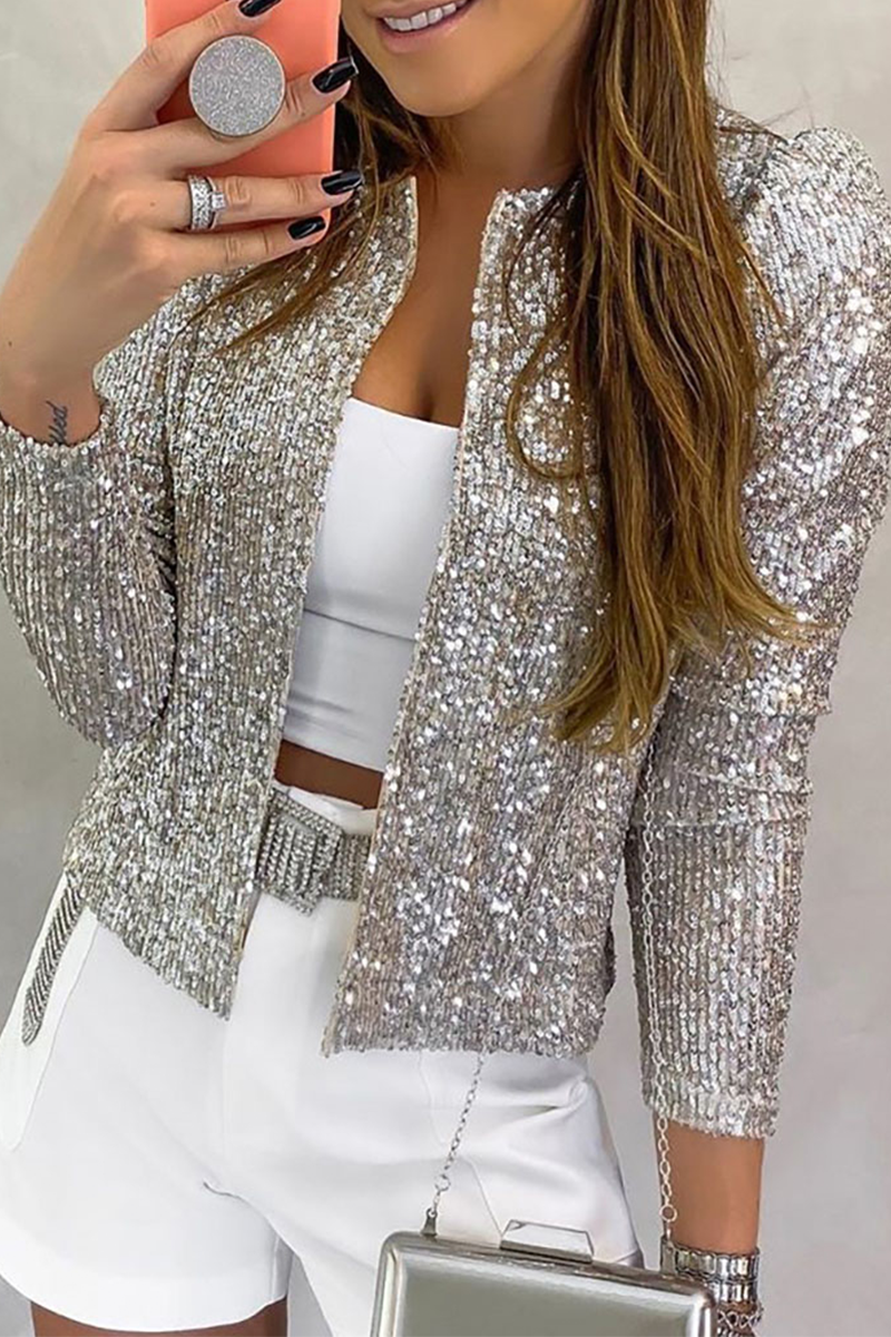 Fashion Solid Sequins Patchwork O Neck Outerwear(5 Colors)