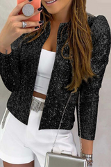 Fashion Solid Sequins Patchwork O Neck Outerwear(5 Colors)