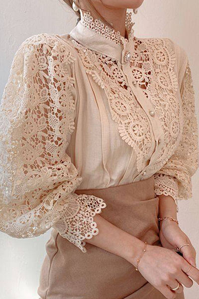 Elegant Patchwork Lace Hollowed Out Buckle Mandarin Collar Blouses(3 Colors)