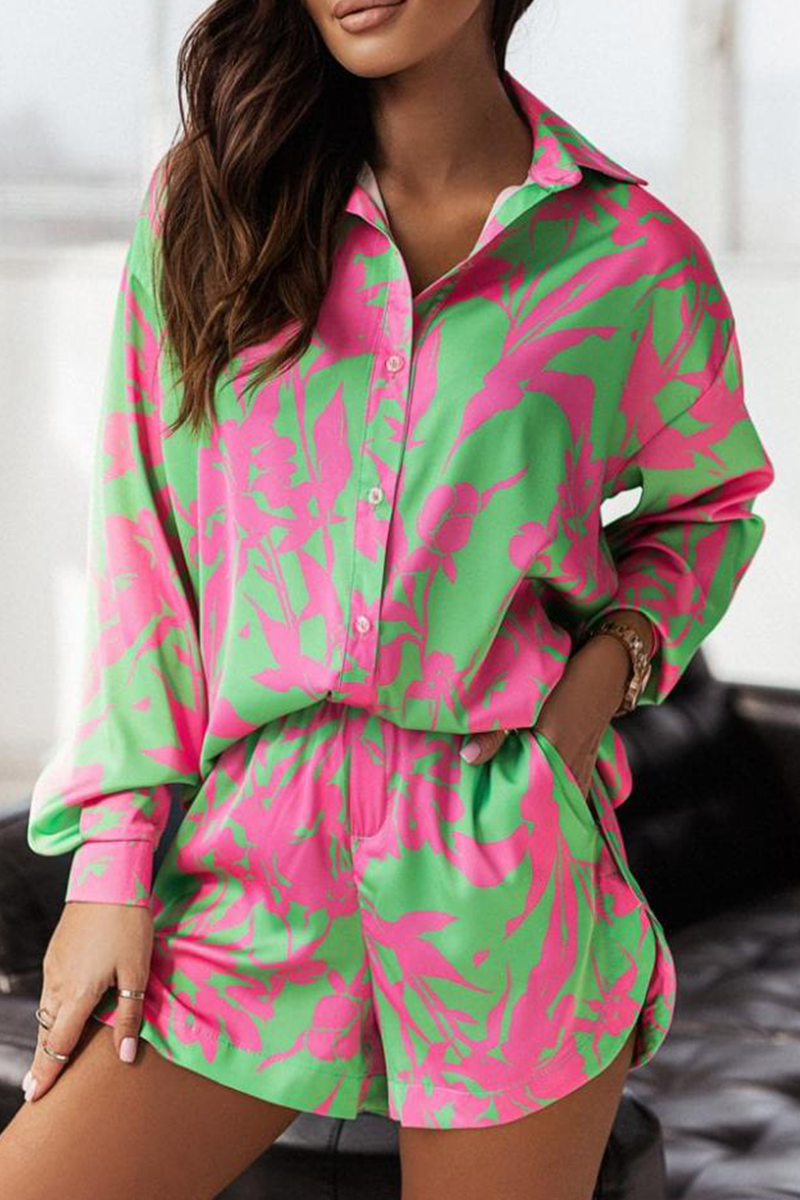 Casual Print Turndown Collar Long Sleeve Two Pieces(7 Colors)