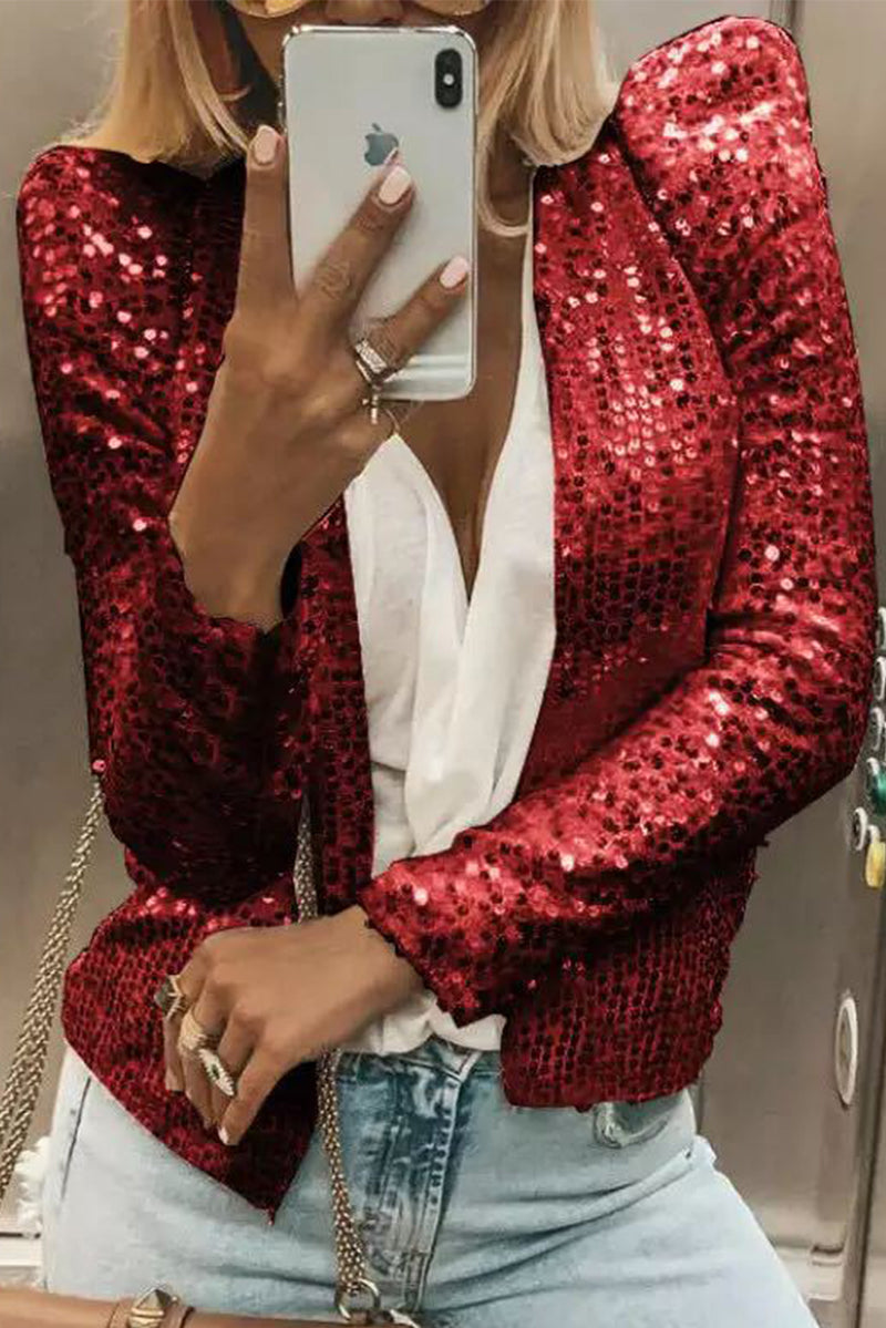 Fashion Solid Sequins Patchwork O Neck Outerwear(5 Colors)