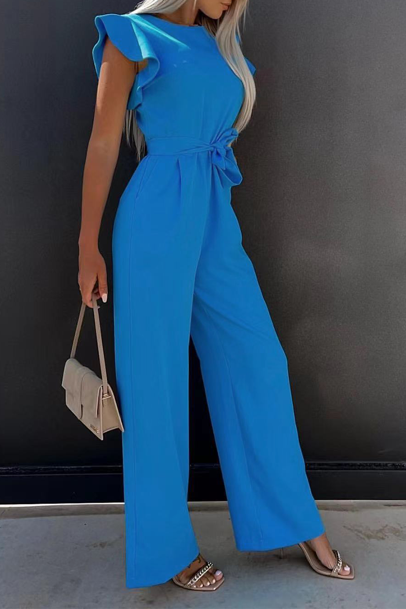 Casual Solid Flounce O Neck Straight Jumpsuits(3 Colors)