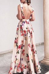 Elegant Floral Backless V Neck Printed Dress Dresses(3 Colors)