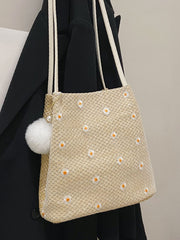 Soufree - Daisy Pattern Straw Bag with Bag Charm  - Women Tote Bags