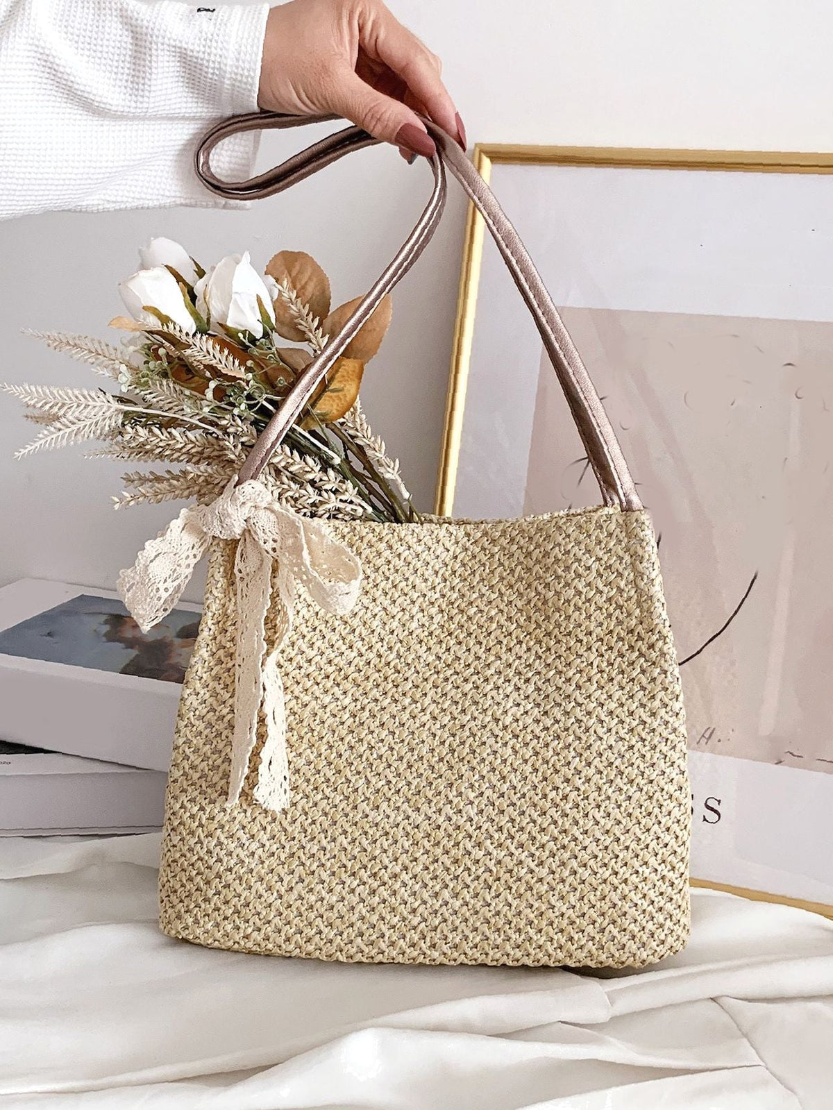 Soufree - Bow Decor Straw Bag  - Women Tote Bags