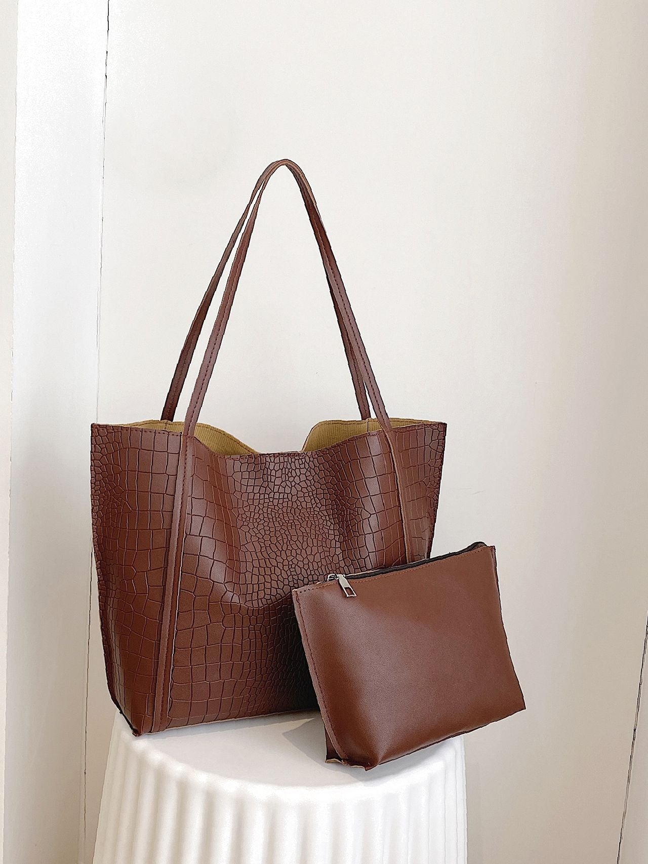 Soufree - Crocodile Embossed Tote Bag with Inner Pouch  - Women Tote Bags