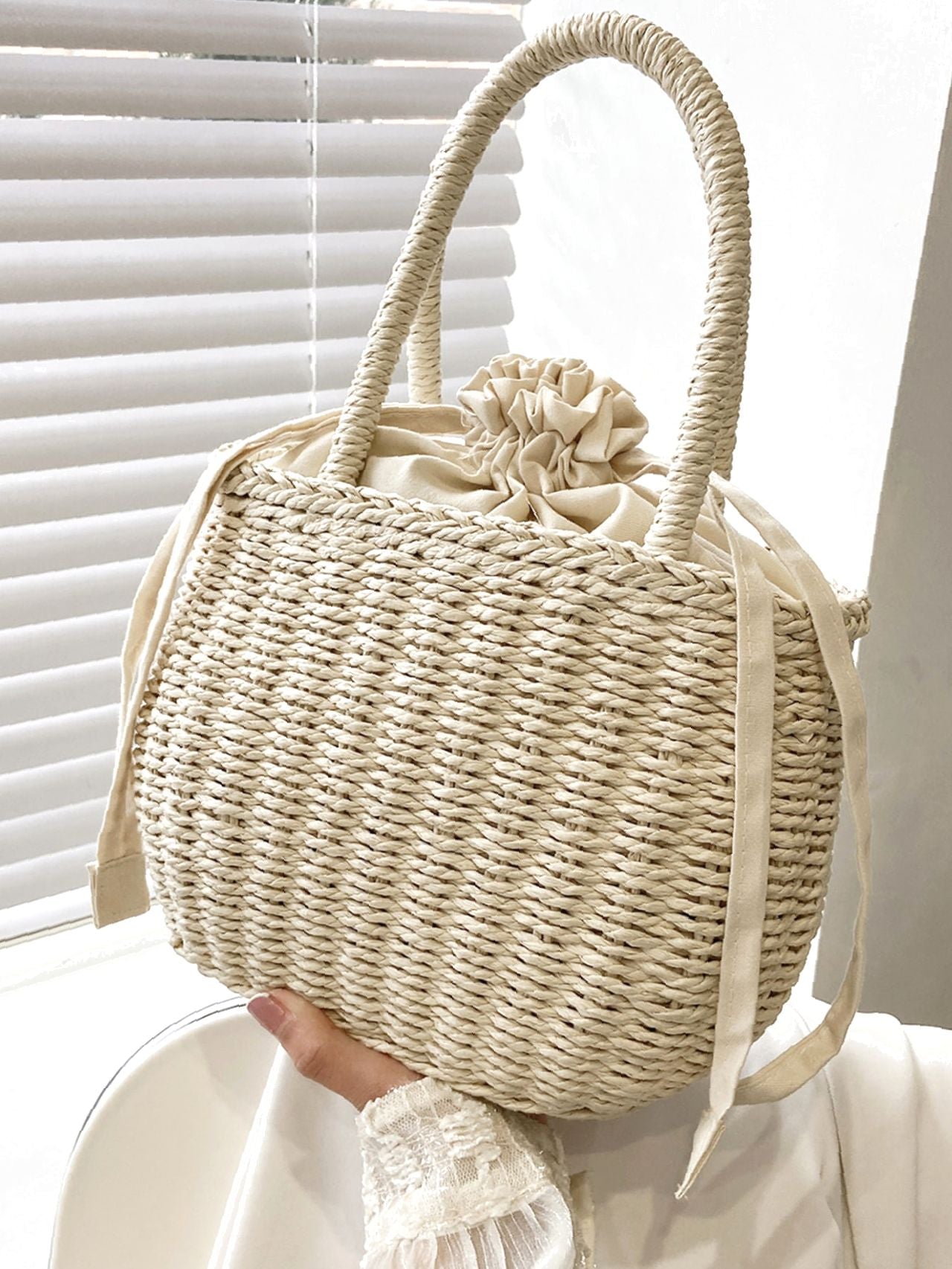 Soufree - Drawstring Design Straw Bag  - Women Tote Bags