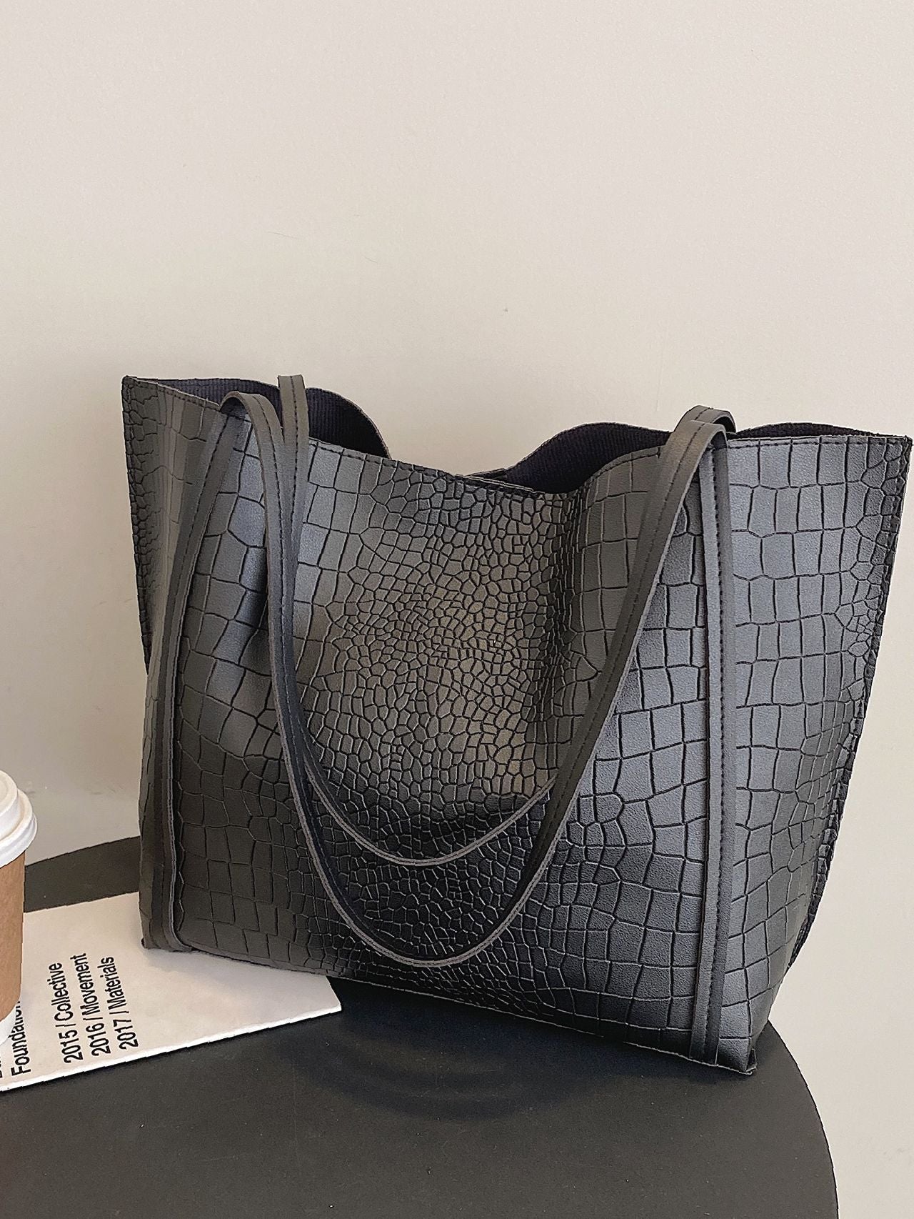 Soufree - Crocodile Embossed Shoulder Tote Bag with Inner Pouch  - Women Tote Bags