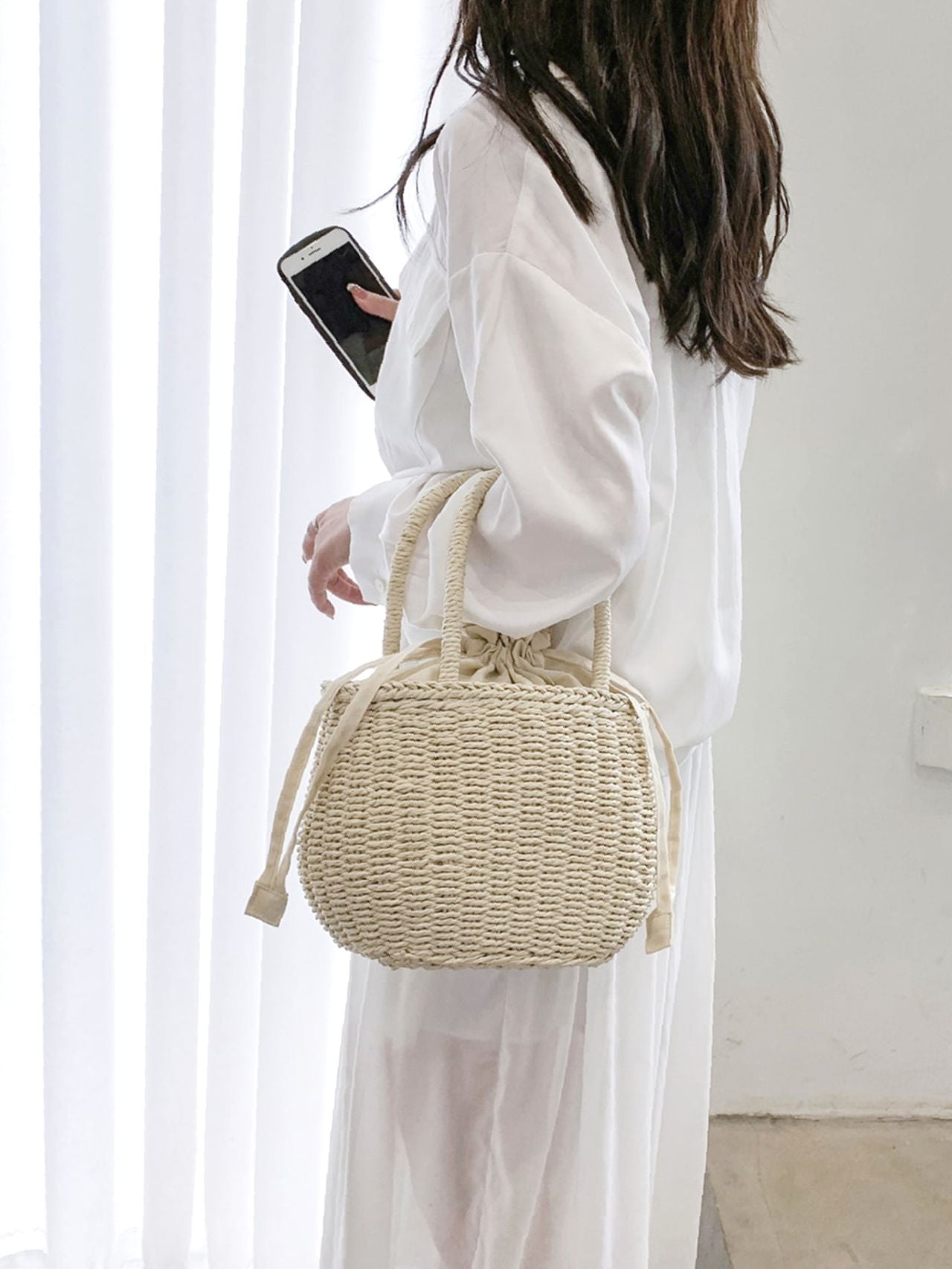 Soufree - Drawstring Design Straw Bag  - Women Tote Bags