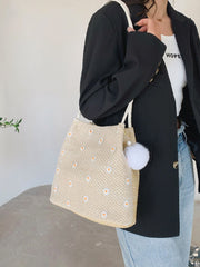 Soufree - Daisy Pattern Straw Bag with Bag Charm  - Women Tote Bags