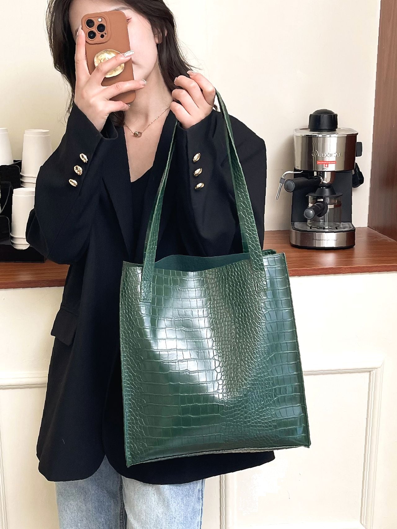 Soufree - Crocodile Embossed Shoulder Tote Bag  - Women Tote Bags