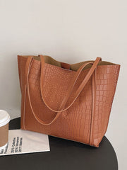 Soufree - Crocodile Embossed Shoulder Tote Bag with Inner Pouch  - Women Tote Bags