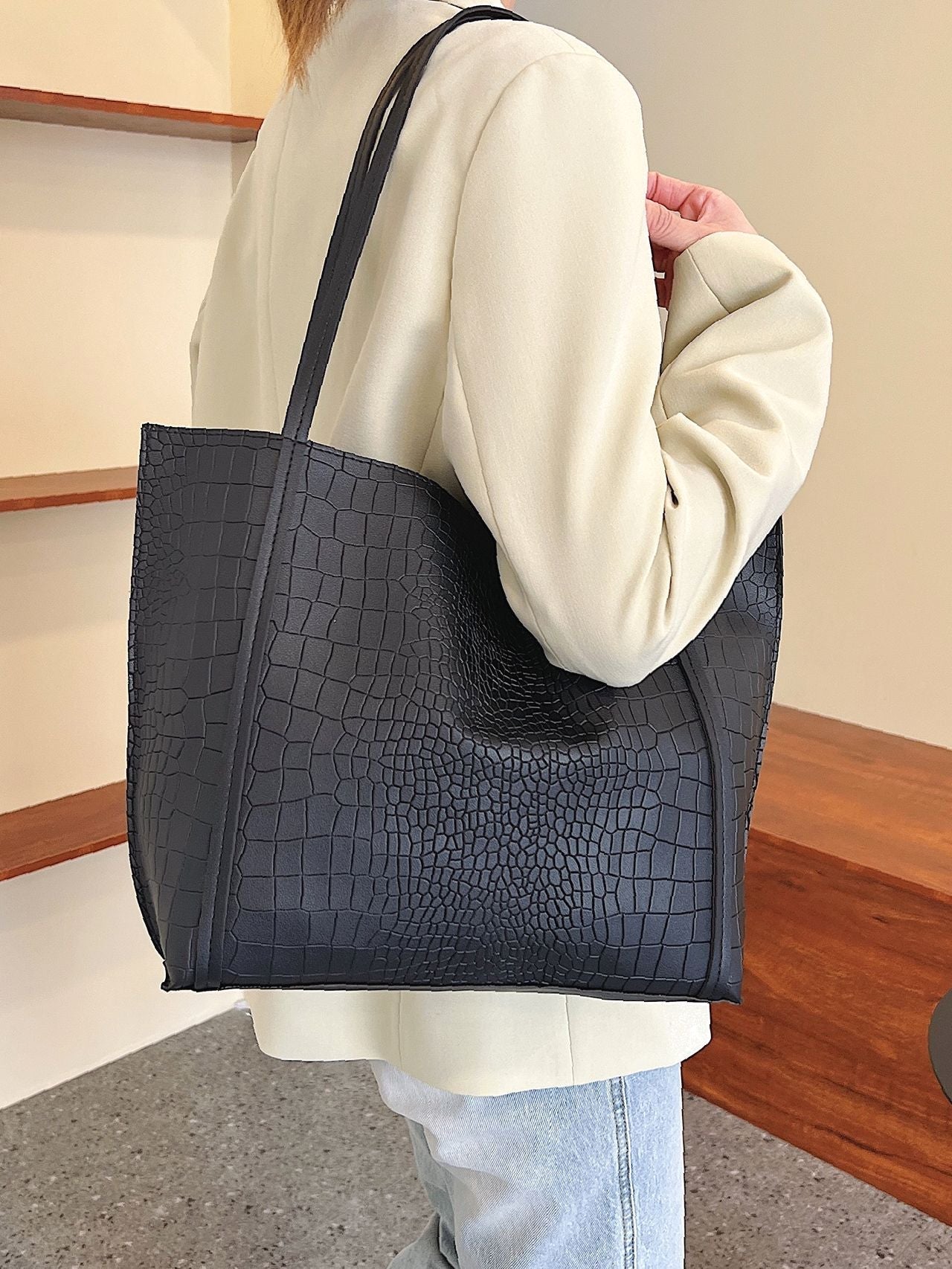 Soufree - Crocodile Embossed Shoulder Tote Bag with Inner Pouch  - Women Tote Bags