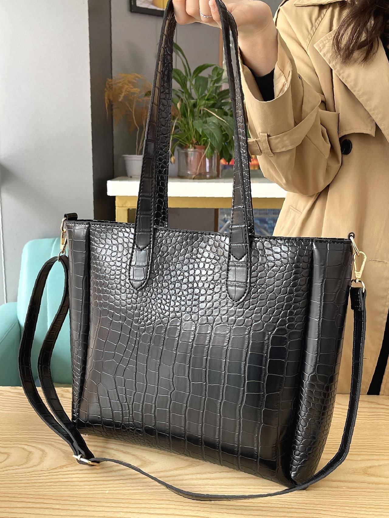 Soufree - Crocodile Embossed Shoulder Tote Bag  - Women Tote Bags