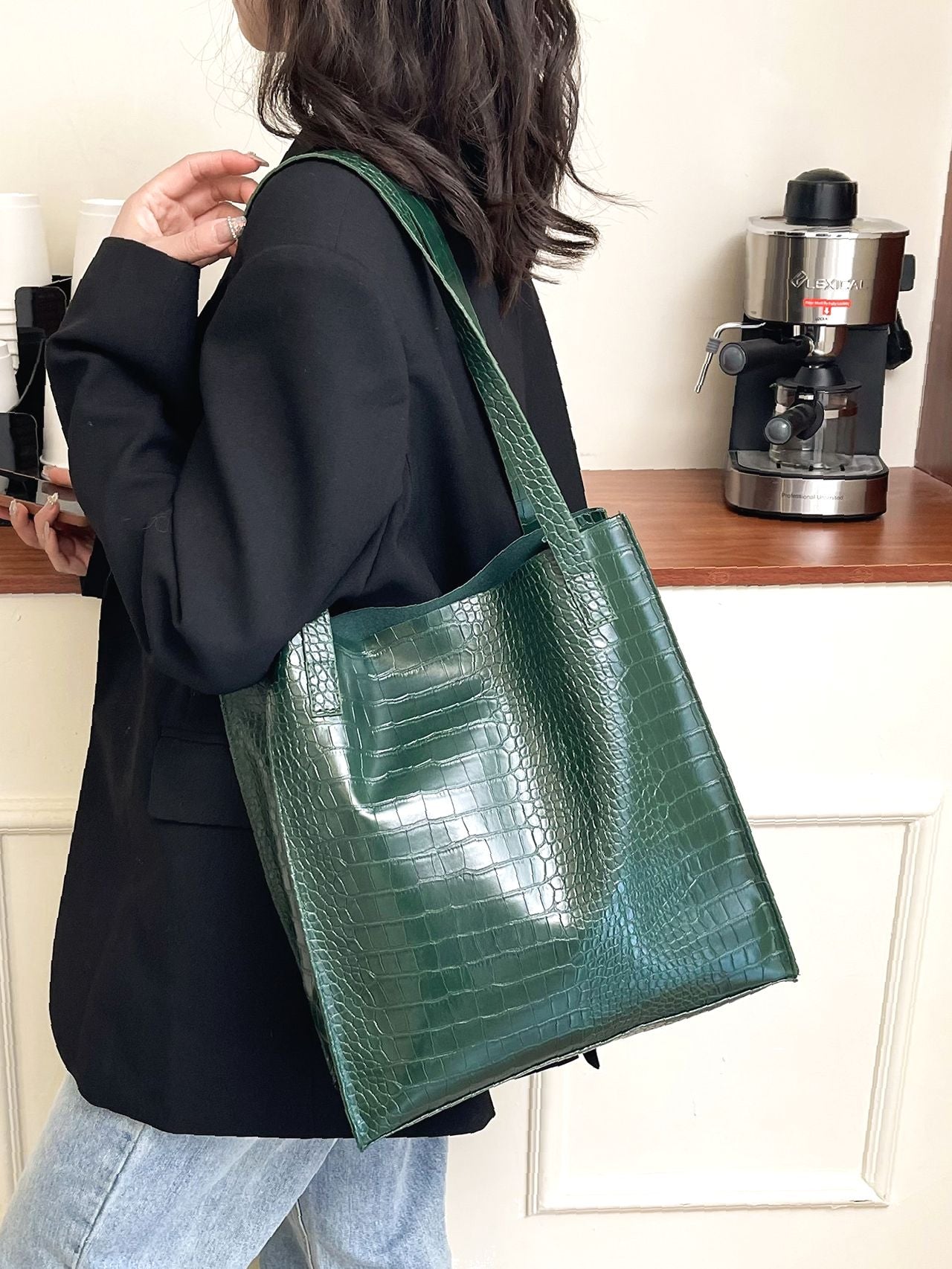 Soufree - Crocodile Embossed Shoulder Tote Bag  - Women Tote Bags