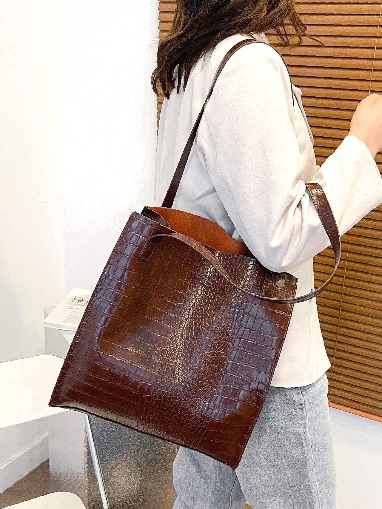 Soufree - Crocodile Embossed Shoulder Tote Bag  - Women Tote Bags