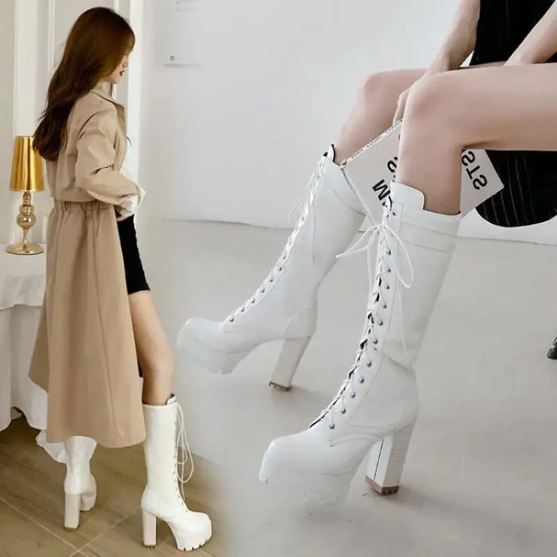 Soufree  -  Long Boots Women White Black Winter Shoes Lace Up Thick Heels Knee Boots High Heels