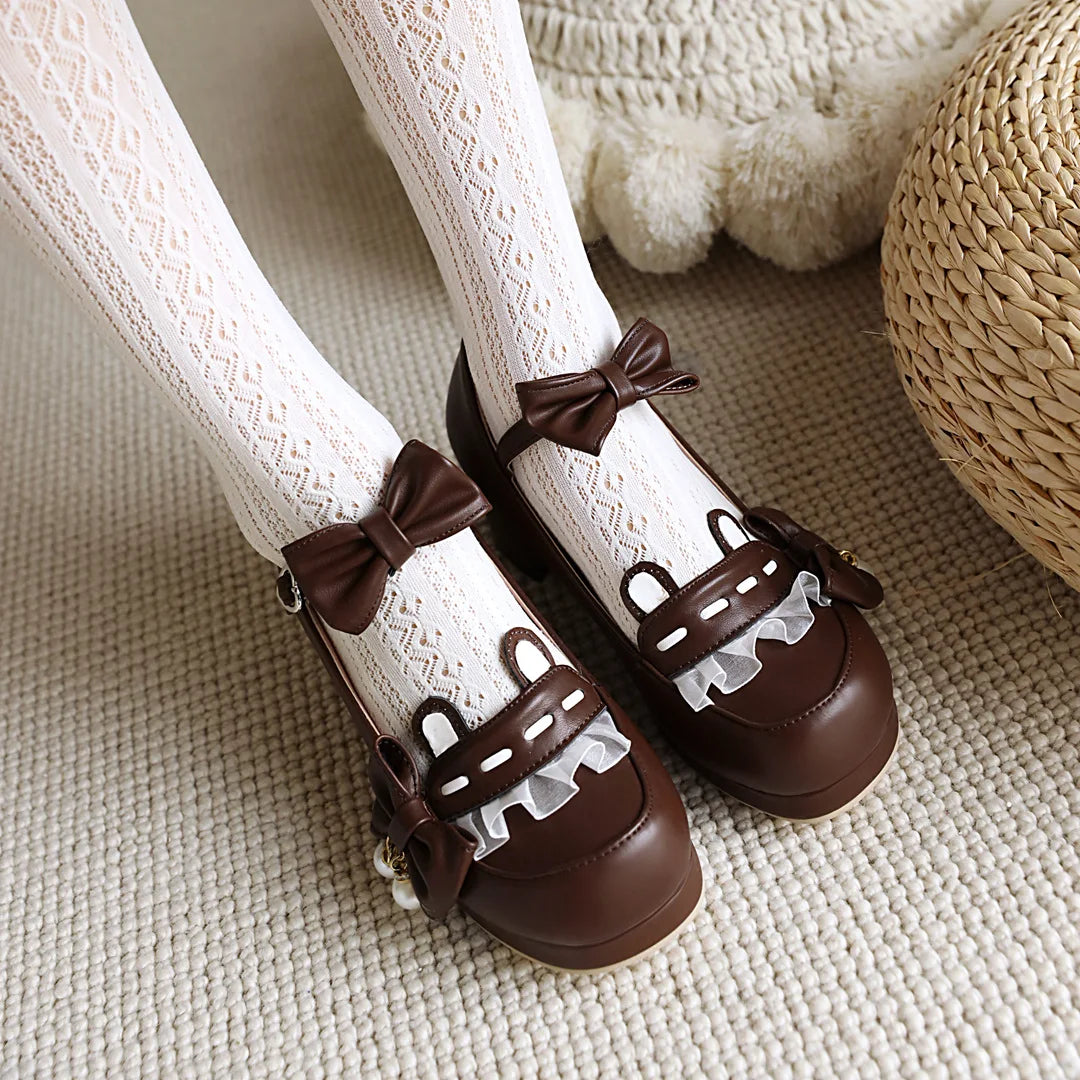 Soufree  - Japanese Style Sweet Bow Lace Princess Lolita Shoes Lace-up Med Heel Buckle Strap Thick Platform Pumps with Cute Ears Pearl