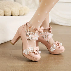 Soufree  -  Super High Heeled Sweet Lolita Gothic Style Cosplay Shoes Girls Lovely Bow Tie Fur Ball Women Pumps Lace Cross Strap