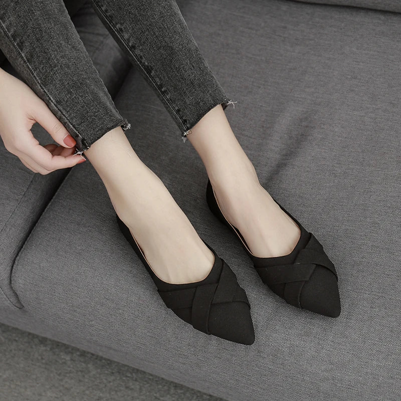 Soufree  -  flat shoes Women Flats Flock Leather Lady Pink Shoes Flat Heel Pointed Toe Slip on Rubber Sole 31 32 33 43 44 45 Pure Color Black Shoes