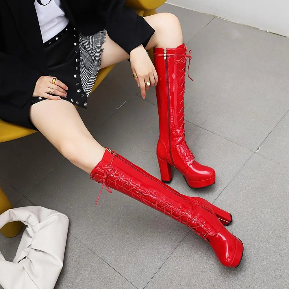 Soufree  -  Patent Leather White Lacing Knee High Boots Lace Up Ladies Platform Boots High Heels Fashion Nightclub Patry Shoes Wholesal