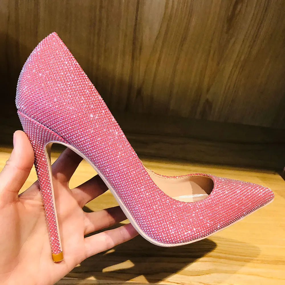 Soufree  -  Pink Sparkly Bling Women Wedding High Heel Shoes 12cm 10cm 8cm Customize Lady Shiny Pumps Dress Shoes Plus Size 33-45