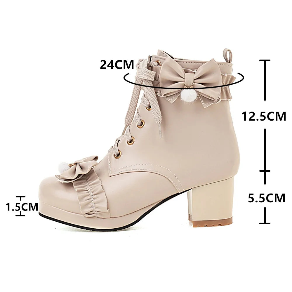 Soufree  -  Lolita Girls Winter Boots Pink Women Bowtie Butterfly-Knot Lovely Ladies JK-Uniform Japanese Cosplay Party Wedding Shoes White