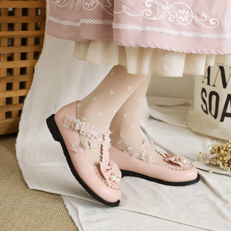 Soufree  -  Women Fashion Flats Heel Bow Pearl Buckle Strap Lace Ruffles Round Toe Elegant Cosplay Lolita Mary Janes Shoes Dropshipping