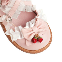 Soufree  - Japanese Cartoon Sweet Girl Flat Shoes Women Platform Lolita Flats Princess Cosplay Kawaii Vintage Lace Bow Strawberry Pendant