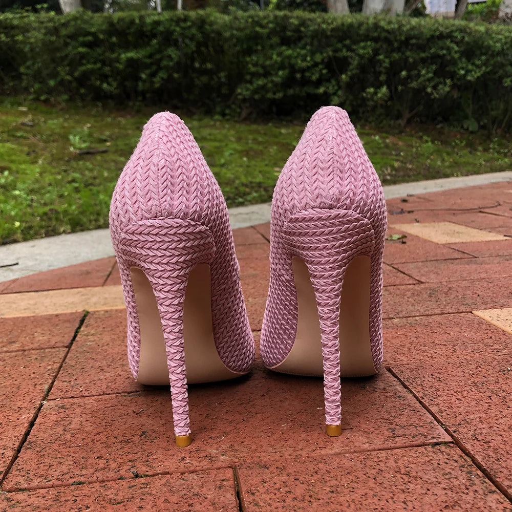 Soufree  -  Pink Women Woven Fabric Pointed Toe Stiletto Pumps Ladies Wedding Bridemaids Shoes 8cm 10cm 12cm High Heels Size 33-45