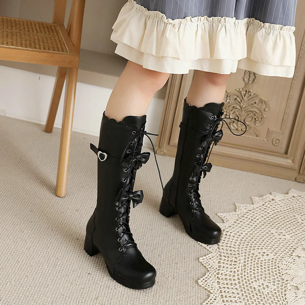 Soufree  - Women Platform Vintage Lolita Boots Cosplay Chunky Heel Cute Bow Shoes Round Toe Mid-Calf Kawaii Cross-Tied Princess Uniform