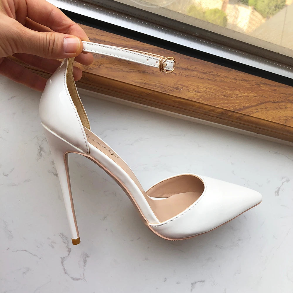 Soufree  -  White Patent Women Ankle Strap Pointy Toe High Heel Shoes Comfortable Elegant D'orsay Stiletto Pumps Color Customizable