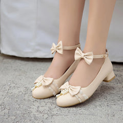 Soufree  -  Low Heels Women Lolita Shoes Ankle Strap Pumps Spring Autumn Bow Pearls Princess Lace Casual Cosplay Party Big Size 34-50