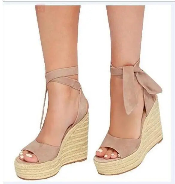 Soufree  -  Cross Large Size Beige Heeled Sandals Velvet Shoes Cross-Shoes Clogs Wedge Summer Espadrilles Platform Big Black High Suede