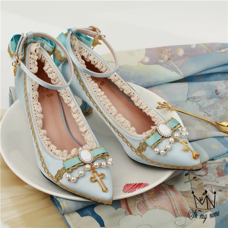 Soufree  -  Princess tea party kawaii  court retro lace bowknot shallow mouth lolita high heel pointed pearl elegant women shoes loli cos