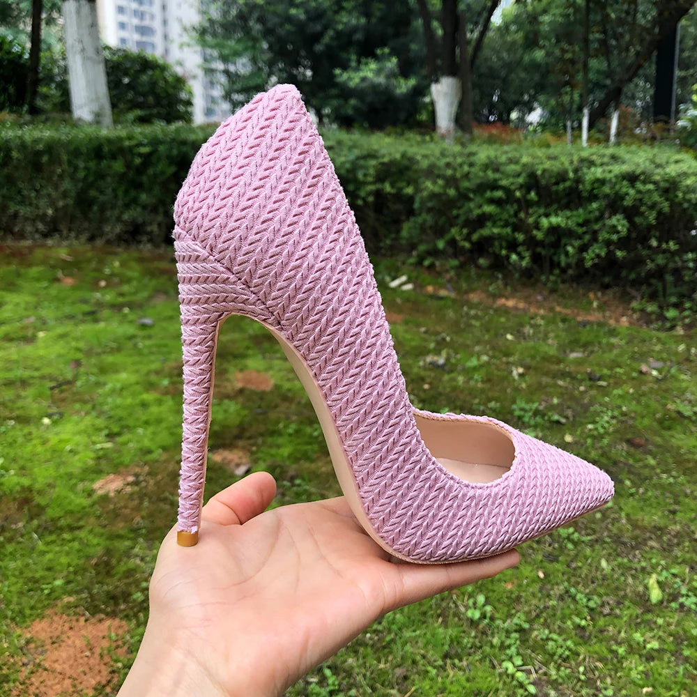 Soufree  -  Pink Women Woven Fabric Pointed Toe Stiletto Pumps Ladies Wedding Bridemaids Shoes 8cm 10cm 12cm High Heels Size 33-45