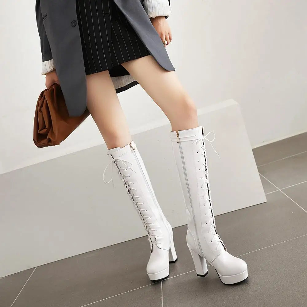 Soufree  -  Patent Leather White Lacing Knee High Boots Lace Up Ladies Platform Boots High Heels Fashion Nightclub Patry Shoes Wholesal