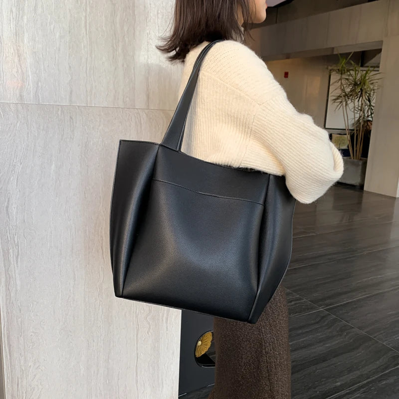 Soufree  High Quality Soft Leather Woman Casual Tote Shopper Solid Color Handbags Large Capacity Single Shoulder Bag with Outer Pocket