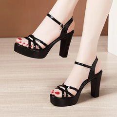 Soufree  -  High Heel Thick Heel Open Toe Sandals Women's Summer  New Platform Patent Leather Ladies Shoes And Sandals