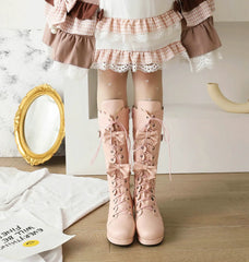 Soufree  - Women Platform Vintage Lolita Boots Cosplay Chunky Heel Cute Bow Shoes Round Toe Mid-Calf Kawaii Cross-Tied Princess Uniform