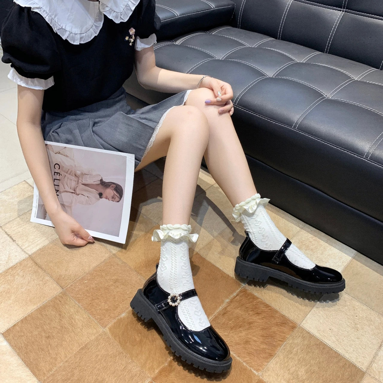 Soufree  -  Student Shoes College Girl Student LOLITA Shoes JK Uniform Shoes PU Leather Heart-shaped Ankle-strap Mary Jane Shoes Pearl