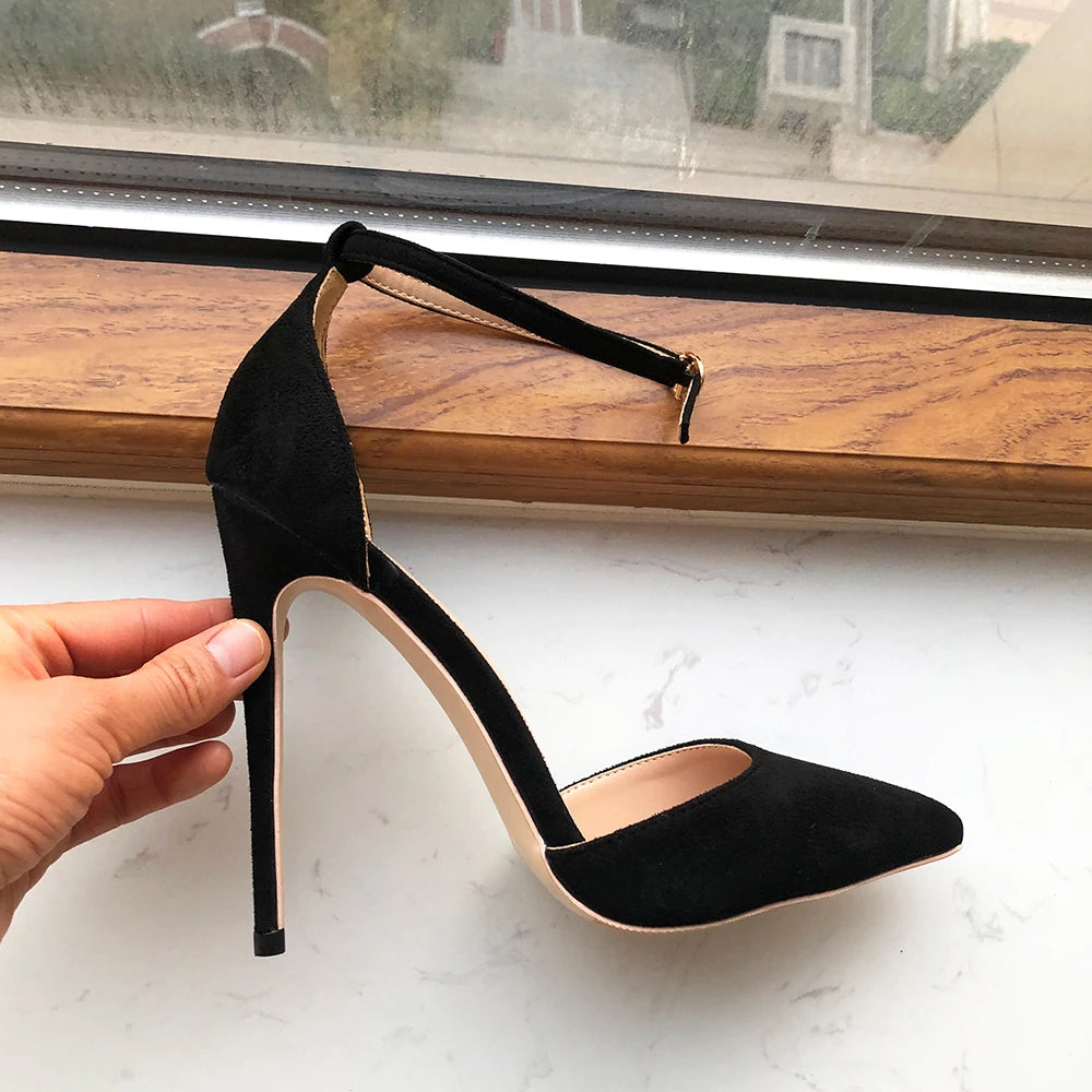 Soufree  -  Solid Black Flock Women Ankle Strap Pointy Toe High Heel Shoes D'Orsay Suede Stiletto Pumps 8cm 10cm 12cm Customizable