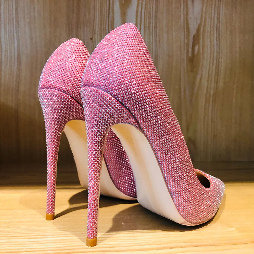 Soufree  -  Pink Sparkly Bling Women Wedding High Heel Shoes 12cm 10cm 8cm Customize Lady Shiny Pumps Dress Shoes Plus Size 33-45