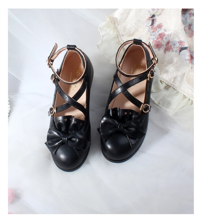 Soufree  -  lolita shoes vintage round head women shoes cute bowknot cross kawaii shoes loli cosplay Japanese jk uniform college style swee