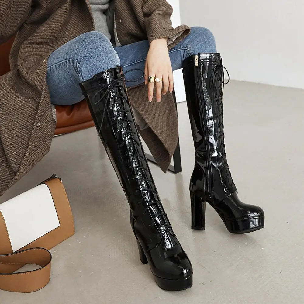 Soufree  -  Patent Leather White Lacing Knee High Boots Lace Up Ladies Platform Boots High Heels Fashion Nightclub Patry Shoes Wholesal