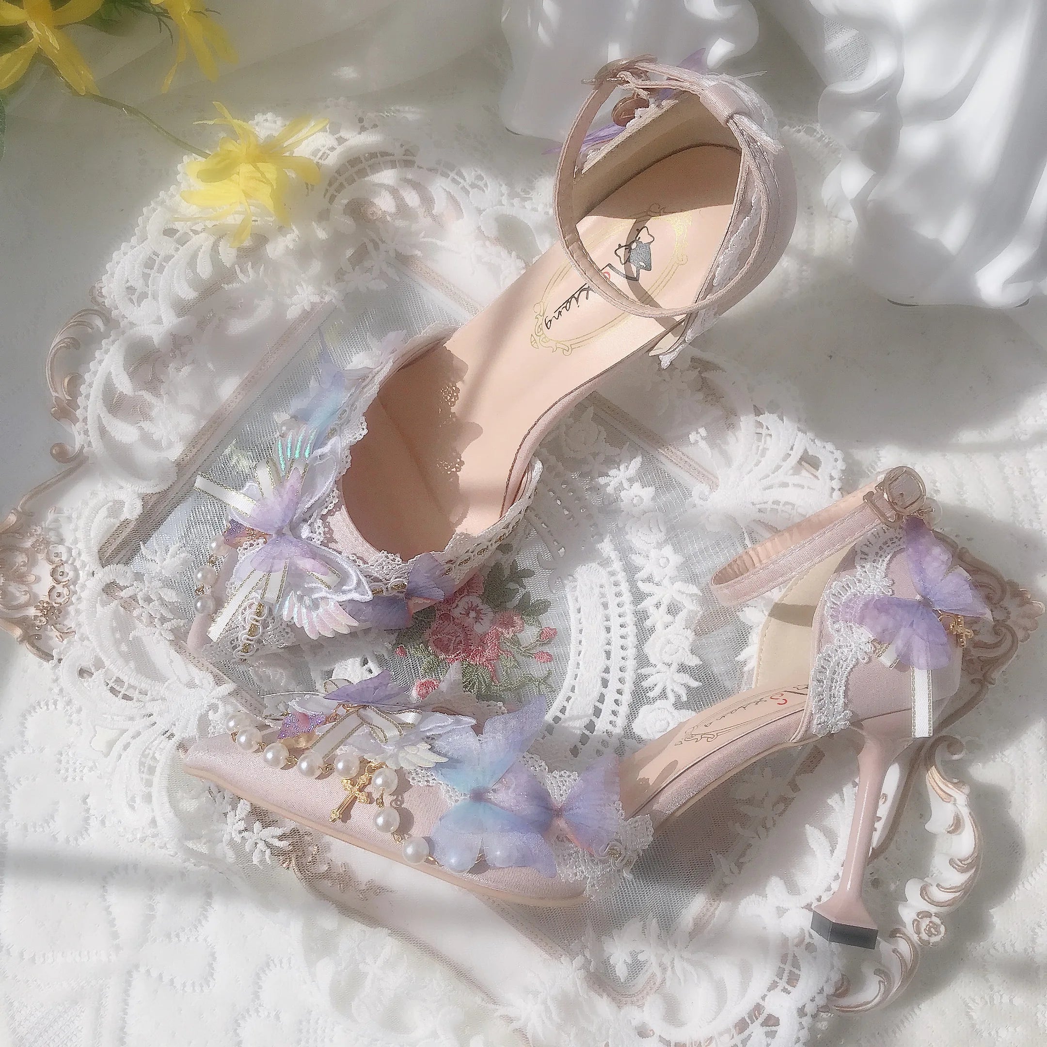 Soufree  -  Sweet Flower Wedding Butterfly High Heels 5cm/8cm Lolita Woman Shoes Pearl Decoration Beautiful Girls Kawaii Fairy Wedding Shoes